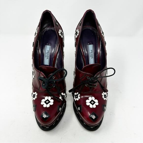 Prada Spazzolato Floral Studded Platform Lace Up Heels Womens Size EU 37.5 - Picture 3 of 13